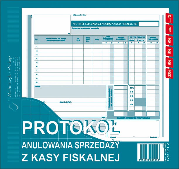 Protokół anulowania sprzedaży z kasy fiskalnej MiP 171-2 2/3 A4